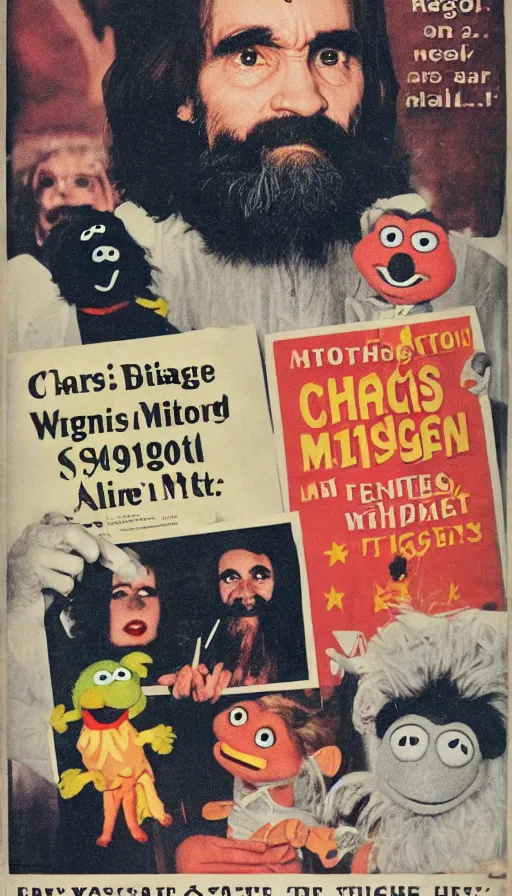 Image similar to vintage magazine advertisement depicting charles manson hosting the muppet show