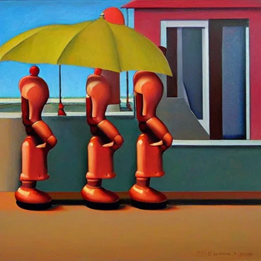 Prompt: robots queue up for ice cream, ( ( ( grant wood ) ) ), pj crook, ( ( ( edward hopper ) ) ), oil on canvas