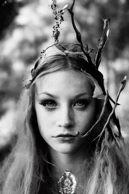 Image similar to a portrait of a magical female elf looking to the camera with the rune of nature in her forehead, graflex, 5 0 mm