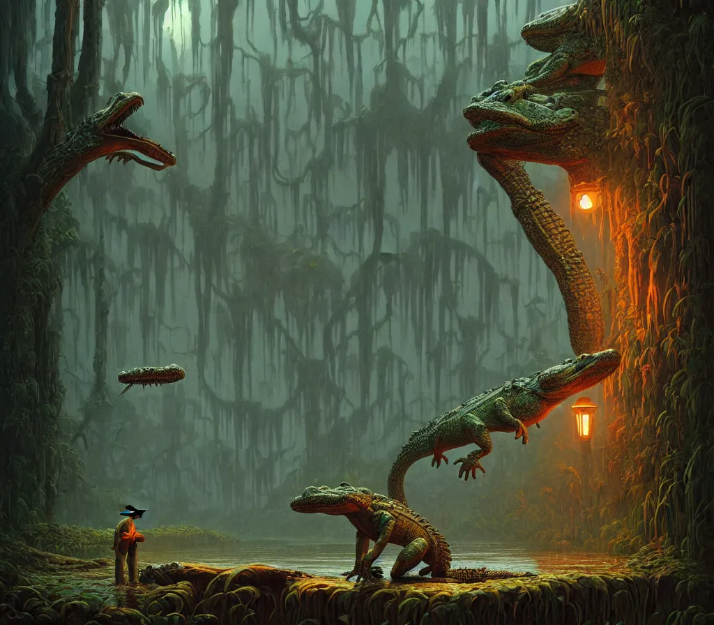 Image similar to a man with the head of an alligator, intricate, detailed, volumetric lighting, sharp focus, scenery, photorealism, digital painting, highly detailed, concept art, by roger dean and simon stalenhag and mark brooks