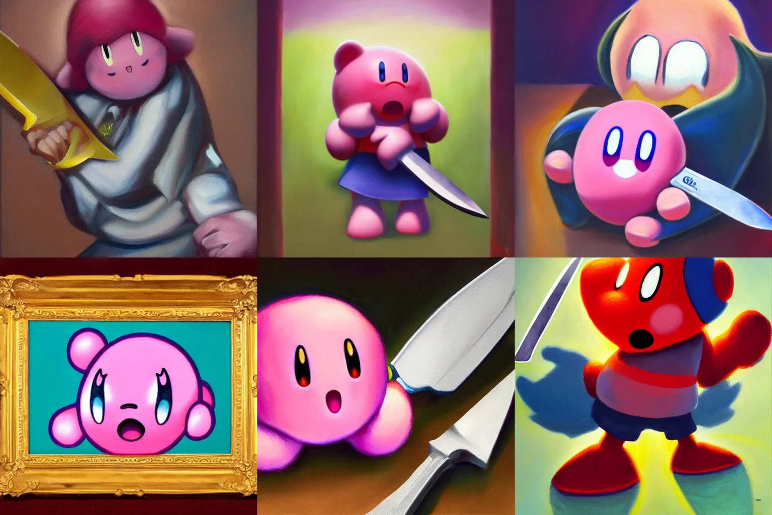 Prompt: Kirby threatening with a knife, oil painting on canvas, 8k, highly detailed, masterpiece soft lighting