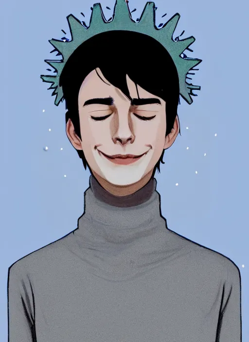 Image similar to portrait of teenage jughead jones wearing a light grey crown, crown, blue turtleneck, closed eyes, eyes closed, smile, crown, black hair, intricate, elegant, glowing lights, warm lighting, highly detailed, digital painting, artstation, concept art, smooth, sharp focus, illustration, art by wlop, mars ravelo and greg rutkowski