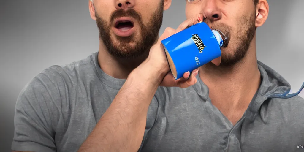 Image similar to gigachad drinking a energy drink from a blue can, photorealistic, uhd, award winning photo, highly detailed