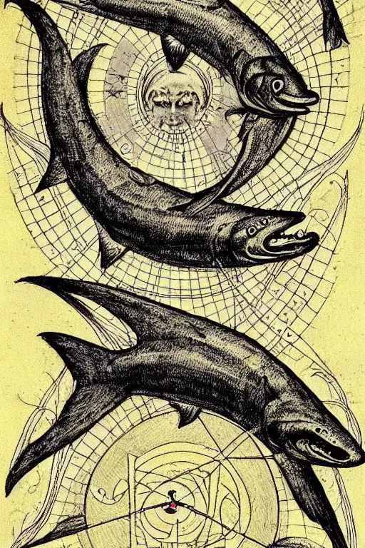 Image similar to occult diagram of a happy salmon!! in the style of wayne barlowe, gustav moreau, goward,  Gaston Bussiere and roberto ferri, santiago caruso, ((jose gabriel alegria sabogal)), composition by austin osman spare!