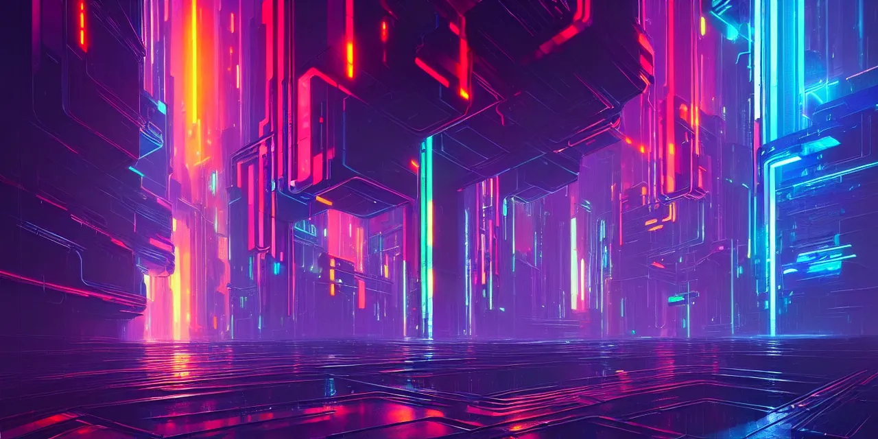 Prompt: a chain of cyberpunk colorful cubes locked and interconnected with glowing tubes, blockchain, symmetry, intricate, volumetric lighting, beautiful, rich deep colors masterpiece, sharp focus, ultra detailed, in the style of john harris