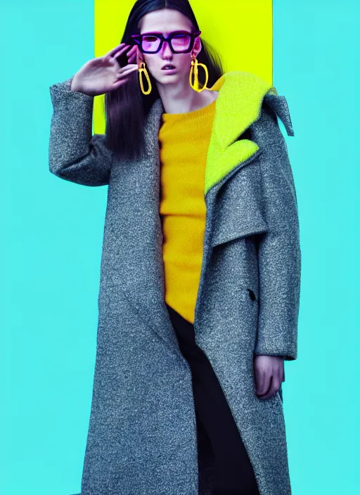 Prompt: coat for a rave,glasses, long hairstyle, earrings, bright soft colors, soft yellow background, many details, prints, photo for a magazine, photo for a store, fashion photography, Vogue, 135 mm, cinematic, hyper realism, high detail, octane render, 8k, chrome accents, very coherent symmetrical artwork, perfect face model, Soft light, Reduced contrast