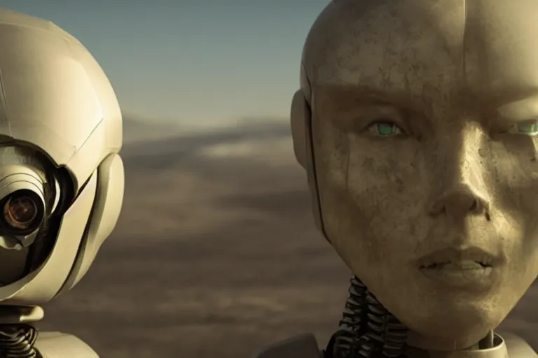 Image similar to VFX movie of a futuristic robot closeup in war zone, natural lighting by Emmanuel Lubezki