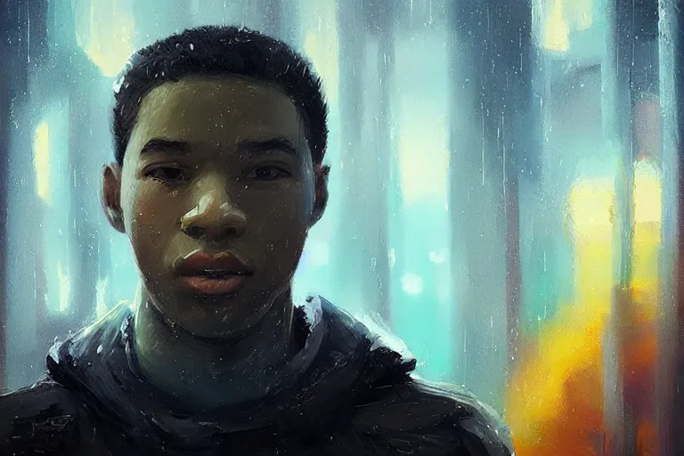 Image similar to “ a portrait of finn, rainy background, bright art masterpiece artstation. 8 k, sharp high quality artwork in style of jose daniel cabrera pena, concept art by tooth wu, fanart ”