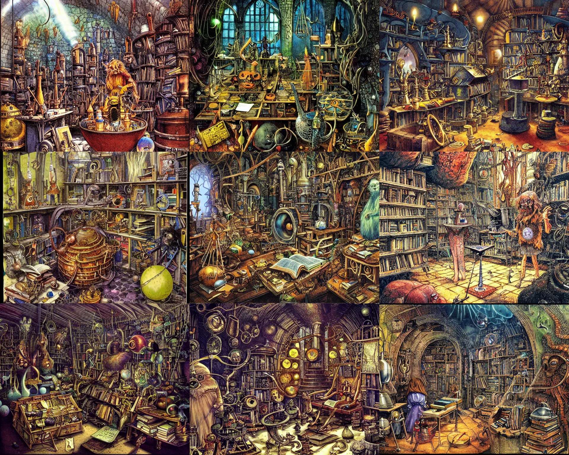 Prompt: wizard's laboratory, full of strange and magical equipment, bubbling cauldrons and books of ancient spells, illustration by Patrick Woodroffe