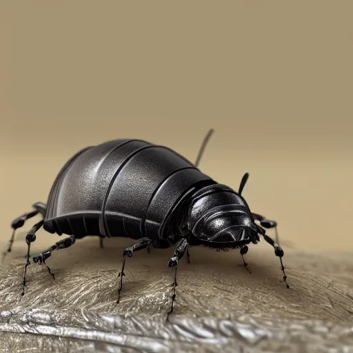 Image similar to a cute robotic wood lice, artstation, 8 k, highly detailed, hyperrealistic,