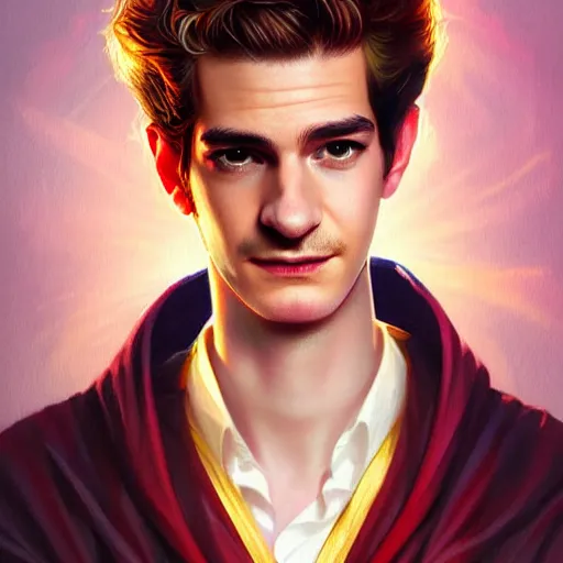 Image similar to colorful Captivating andrew garfield, brown eyes with red eye markers, slim body, wearing a detailed Japanese kimono with golden details, atmospheric lighting, painted, intricate, 4k, highly detailed by Charlie Bowater