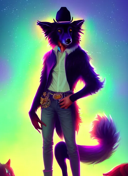 Image similar to wide angle beautiful full body portrait of a cute male anthropomorphic anthro border collie fursona wearing cowboy outfit in a neon metropolis, character design by charlie bowater, henry asencio, and ross tran, furry art, furaffinity, beautiful, glamor pose, detailed, aesthetic, trending on artstation