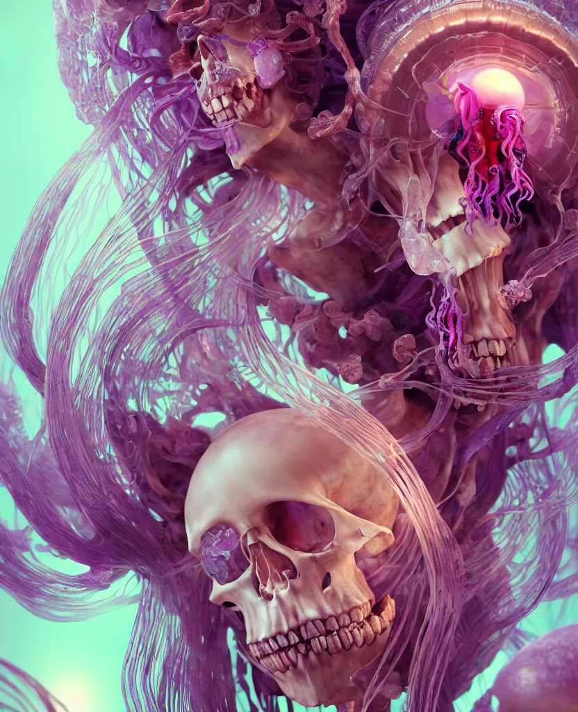 Image similar to goddess close - up portrait human skeleton, ram skull, jellyfish, orchid, betta fish, bioluminiscent, intricate artwork by tooth wu and wlop and beeple. octane render, trending on artstation, greg rutkowski very coherent symmetrical artwork. cinematic, hyper realism, high detail, octane render, 8 k