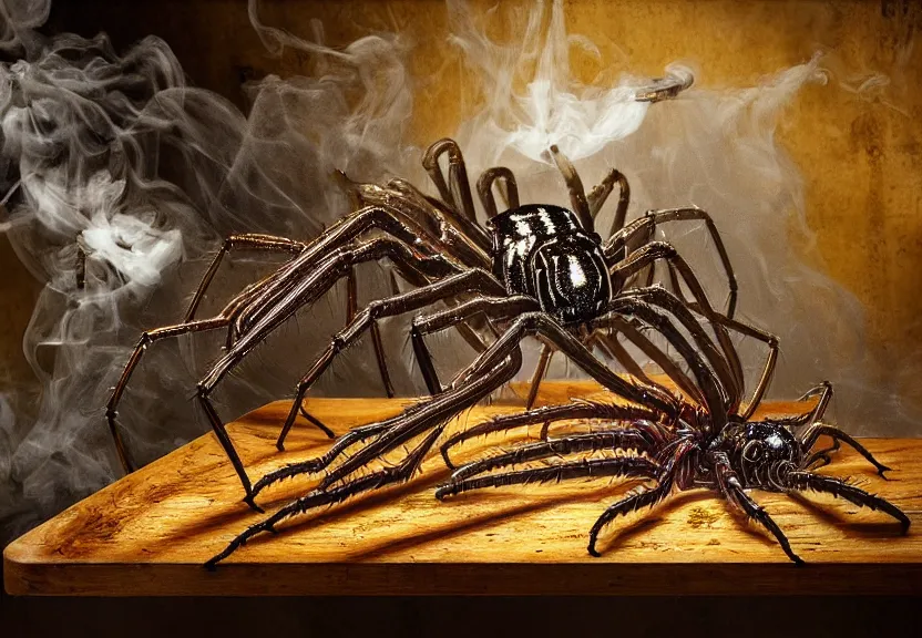 Prompt: an opulent banquet of food on a table covered with colorful jumping spiders and hissing cockroaches. glowing smoke drifts across the room. giger ’ s xenomorph. the thing. reclaimed lumber, detailed and intricate environment, hyperrealism, food photography, rembrandt