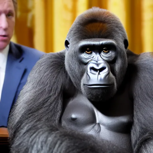 Prompt: an image of a gorilla sitting in a chair in the presidental press briefing room, hyper realistic, 4 k, depth of field.