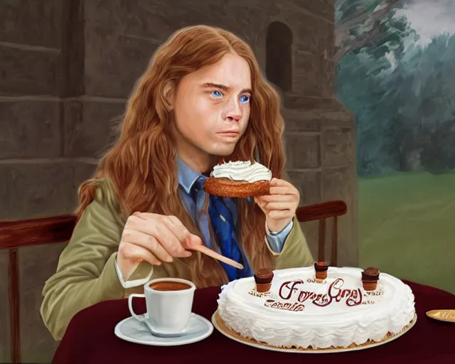 Image similar to Forrest gump eating a cake in hogwarts, digital art, highly detailed, in the style of Irina French