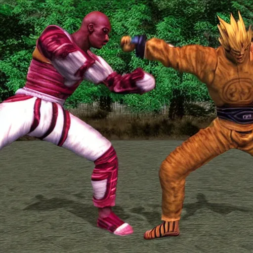 Image similar to fight screenshot of anderson silva vs yoshimitsu in tekken, detailed anderson silva face texture, ps 1 graphics, low poly, texture warp, pixel aliasing, fighting game in forest, sd video, tekken 1 playstation, health bar hud