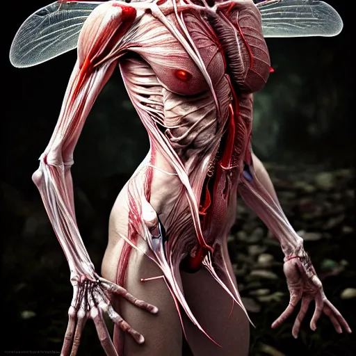 Image similar to female fairy with translucent skin, visible muscles and veins and arteries and bones and spine and nerves, beautiful detailed intricate insanely detailed octane render, 8K artistic photography, photorealistic, chiaroscuro, by David Cronenberg, Raphael, Caravaggio