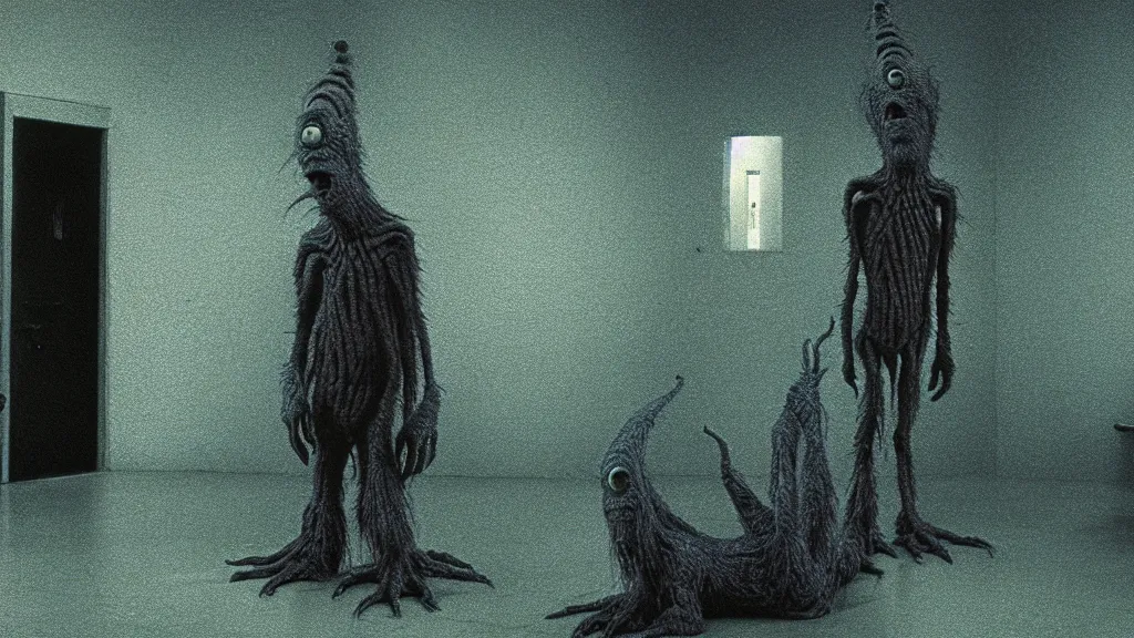 Prompt: the creature that hates me at the dmv, film still from the movie directed by denis villeneuve and david cronenberg with art direction by zdzisław beksinski and dr. seuss