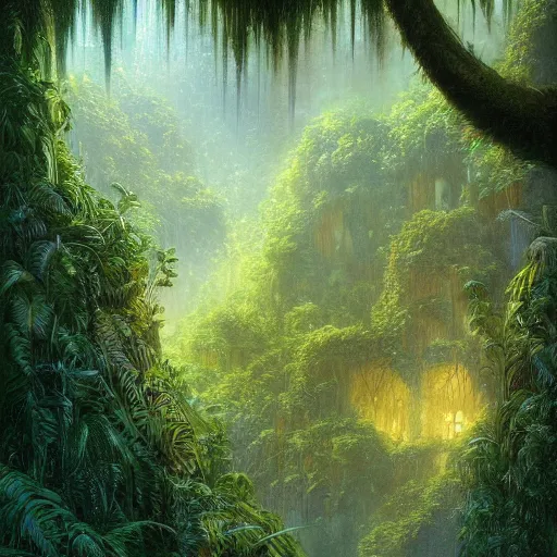 Prompt: artwork of the cinematic view of the glittery jungles by john howe, trending on artstation