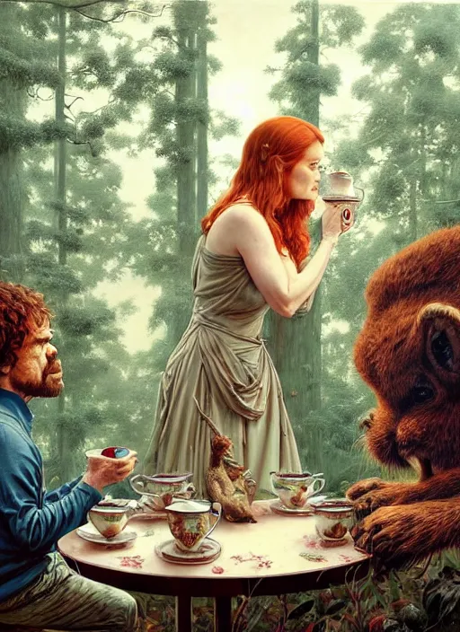 Prompt: peter dinklage having tea with isla fisher at a shrine in the woods gorgeous lighting, lush forest foliage blue sky a hyper realistic painting by chiara bautista and beksinski and norman rockwell and greg rutkowski weta studio, and lucasfilm