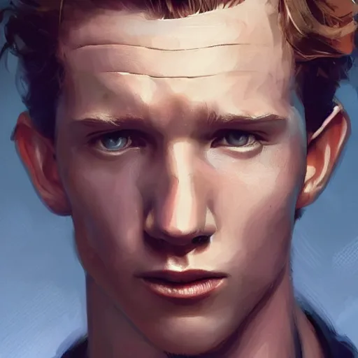 Image similar to portrait of tom holland as a man by greg rutkowski, he is about 3 0 years old, short blond hair, athletic and strong, straight jaw, looking puzzled, wearing futuristic space gear, highly detailed portrait, digital painting, artstation, concept art, smooth, sharp foccus ilustration, artstation hq.