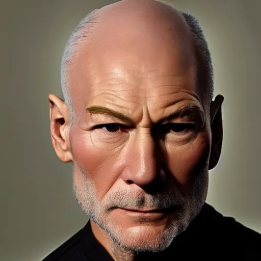 Image similar to a man who is a genetic combination of patrick stewart and jonathan frakes and levar burton and michael dorn and brent spiner, face and upper - body focus, detailed eyes