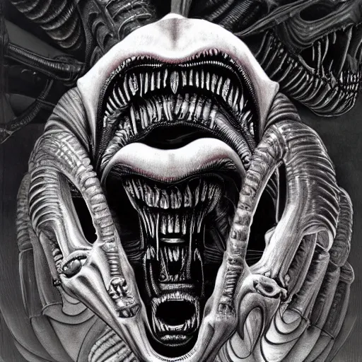 Image similar to alien trump, sharpt teeth, by h. r. giger, nightmare fuel, nightmarish, intricate, highly detailed, optical illusion, president trump