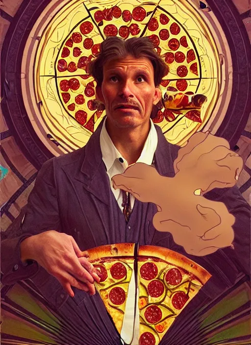 Image similar to unlucky man trips and looks in terror as he drops all the pizza on the floor, the pizza falls to the floor, tragedy, intricate, elegant, highly detailed, lighting, painting, artstation, smooth, illustration, art by greg rutowski and alphonse mucha