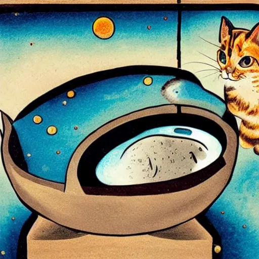 Prompt: A cat spilling a fish bowl that contains the universe.