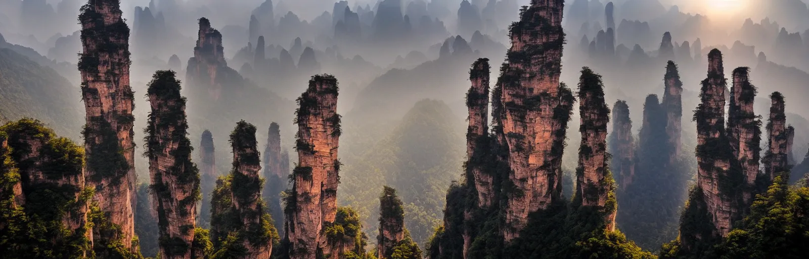 Image similar to A beautiful landscape photography of Zhangjiajie mountains, an intricate tree in the foreground, sunset, dramatic lighting by Anselm Adams and Albrecht Durer, chiaroscuro, shadow and light,