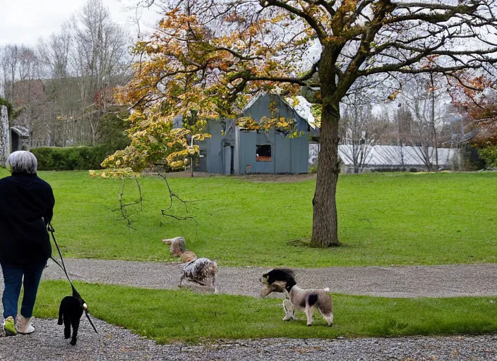 Image similar to the sour, dour, angry lady is walking her three tiny white dogs on leashes, looking down. she has gray hair. the old lady is wearing a long gray cardigan and dark pants. green house in background. large norway maple tree in foreground. view through window, across the road