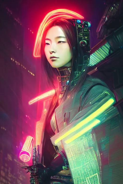 Image similar to portrait futuristic dreaming cyberpunk female samurai, in futuristic fire sparkles and firefly tokyo rooftop cyberpunk night, ssci-fi, fantasy, intricate, very very beautiful, elegant, neon light, highly detailed, digital painting, artstation, concept art, soft light, hdri, smooth, sharp focus, illustration, art by tian zi and craig mullins and WLOP and alphonse mucha