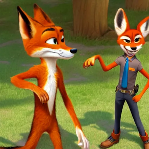 Prompt: Nick Wilde meeting Fox McCloud in Zootopia, deviantart, digital art, highly detailed, 8k