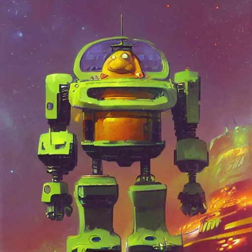Prompt: a large anthropomorphic garfield shaped mecha by paul lehr and moebius
