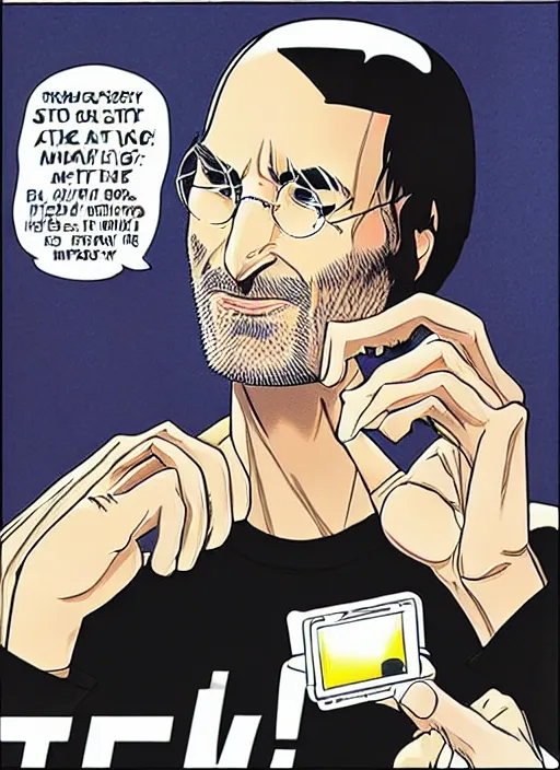 Image similar to steve jobs revealing the iphone at wwdc, manga comic, color, by katsuhiro otomo and hiroya oku and makoto yukimura