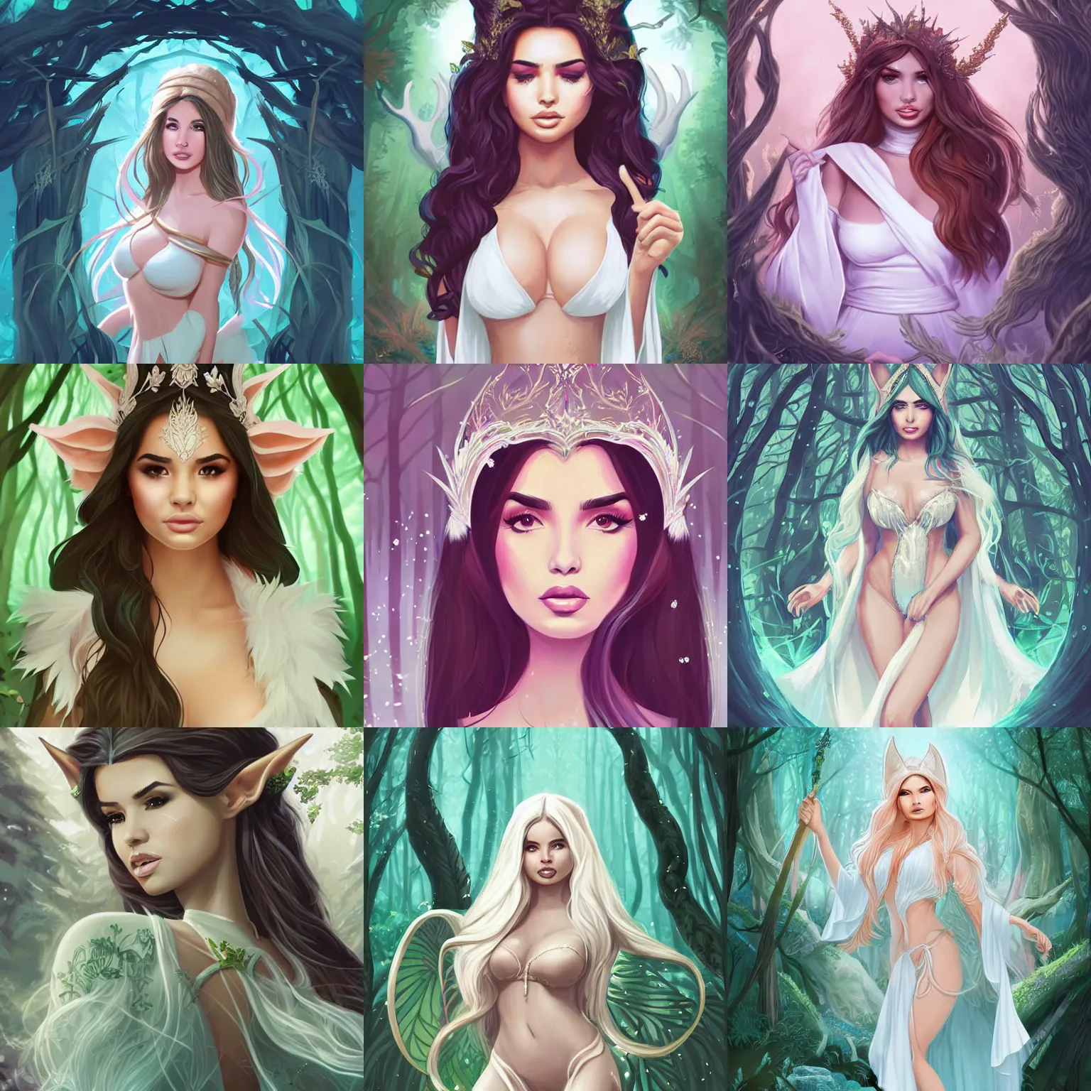 Prompt: portrait of demi rose as a elven sorceress in white robes, forest, clean cel shaded, vector art, shutterstock, behance hd, illustration, by lois van baarle, artgerm, helen huang, rossdraws