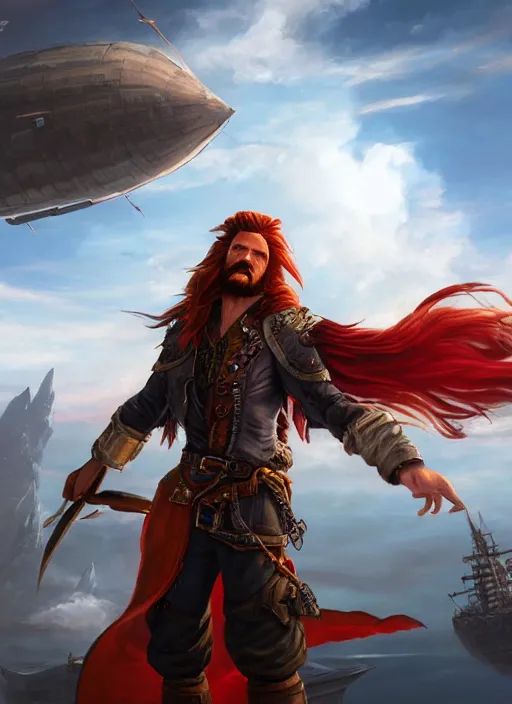 Image similar to an epic fantasy comic book style portrait painting of a long haired, red headed male sky - pirate in front of an airship in the style of disney, unreal 5, daz, hyperrealistic, octane render, cosplay, rpg portrait, dynamic lighting