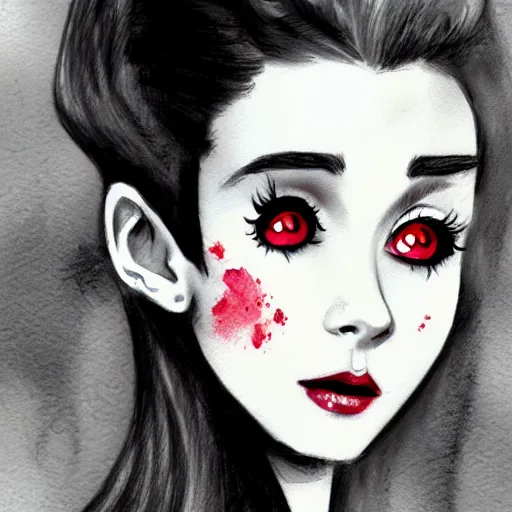 Prompt: an adorable vampire fairy inspired by audrey hepburn and kristen ritter, 8 k resolution whimsical watercolor pencil drawing, deviantart artstation