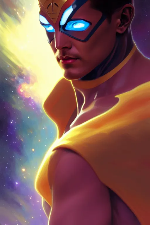 Image similar to a nebula powered male dressed as a superhero. space background, dynamic lighting, clean elegant painting, beautiful detailed face. by artgerm and greg rutkowski and alphonse mucha, 4 k