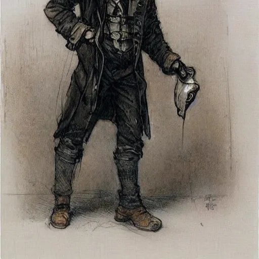 Image similar to sketch by Jean-Baptiste Monge !!!!!!!!!!!!!!!!!!!!!!!!!!!!!!!!!!!!! (((((((((((((portrait of boy dressed as steampunk detective wearing leather gloves . muted colors.)))))))))))))