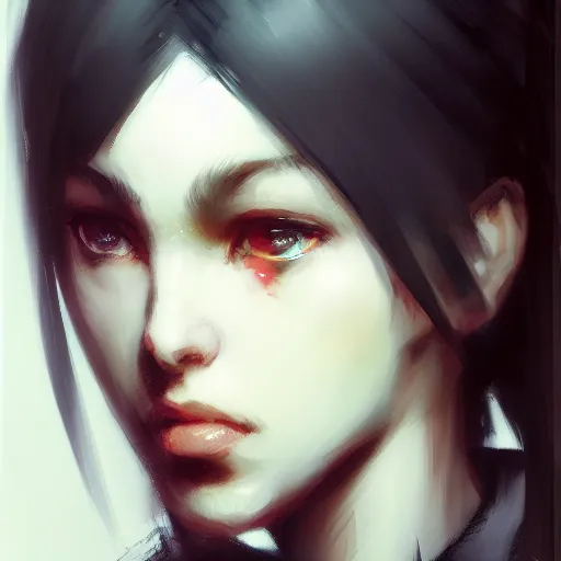 Image similar to a cute girl by ruan jia, closeup headshot, black ponytail, movie style, high detailed.