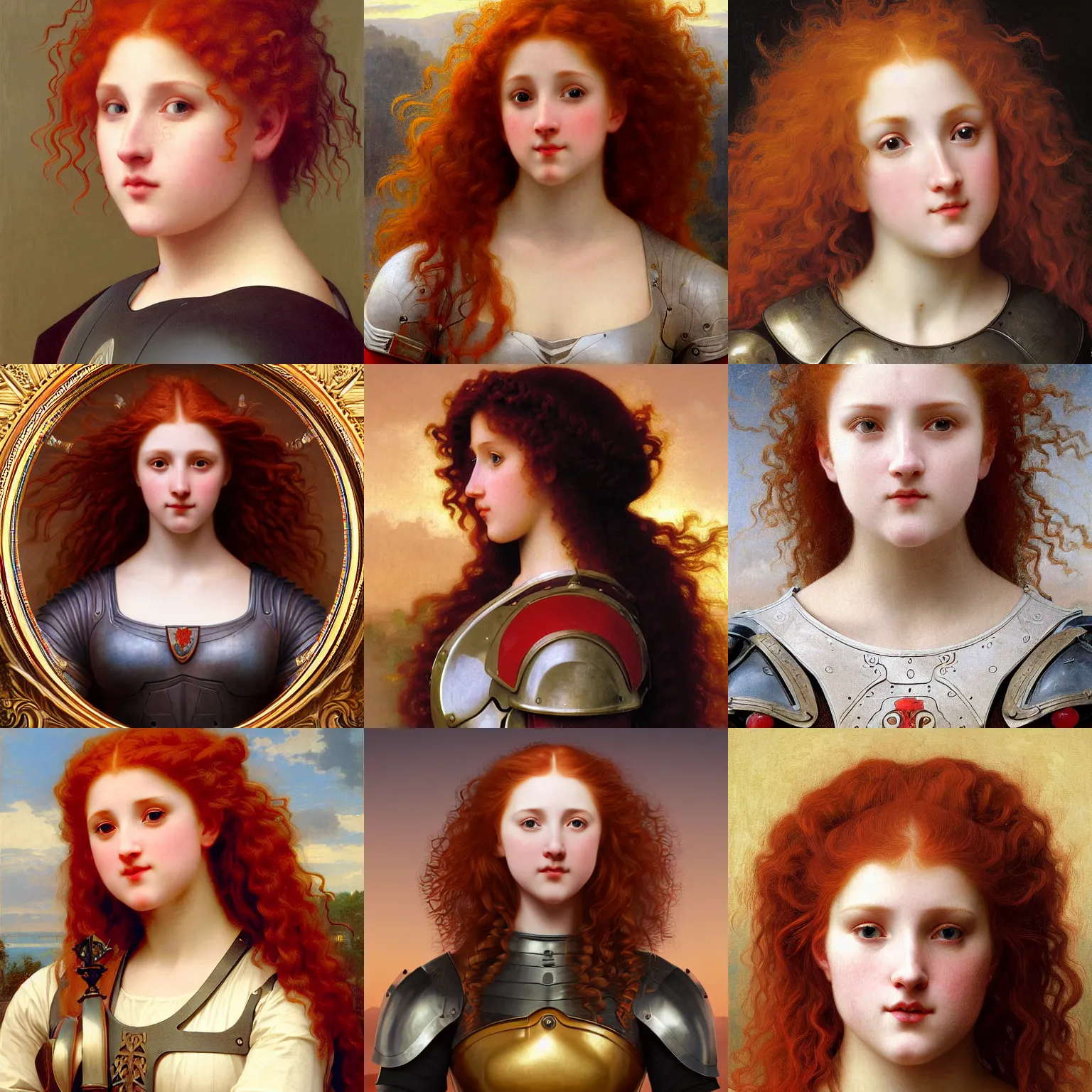 Prompt: Symmetrical knight of symmetry. Overweight red-haired woman with long curly symmetrical red hair. Plate armor. Cheerful. Art by William-Adolphe Bouguereau. During golden hour. Extremely detailed. Beautiful. 4K. Award winning.