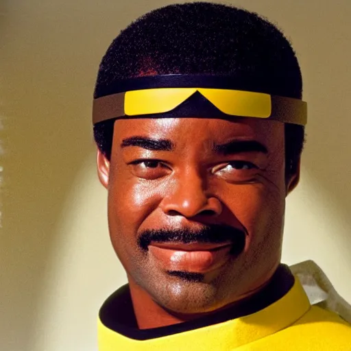 Image similar to Geordi LaForge wearing visor and a colander and random kitchen tools on his head