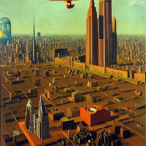 Prompt: super granny flies above new york city with her vacuum cleaner orwellian themes konstantin vasilyev grant wood jan van eyck john steuart curry