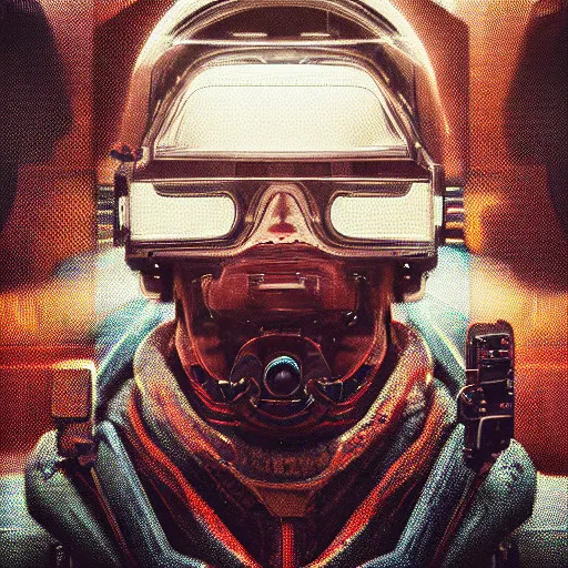 Image similar to portrait of a space hank hill. intricate abstract. cyberpunk, vhs glitch. full face broken helmet. intricate artwork. nightmare fuel. terrifying. empty oxygen tank. by Tooth Wu, octane render, trending on artstation, greg rutkowski very coherent symmetrical artwork. cinematic, hyper realism, high detail, octane render, 8k, iridescent accents, black and white