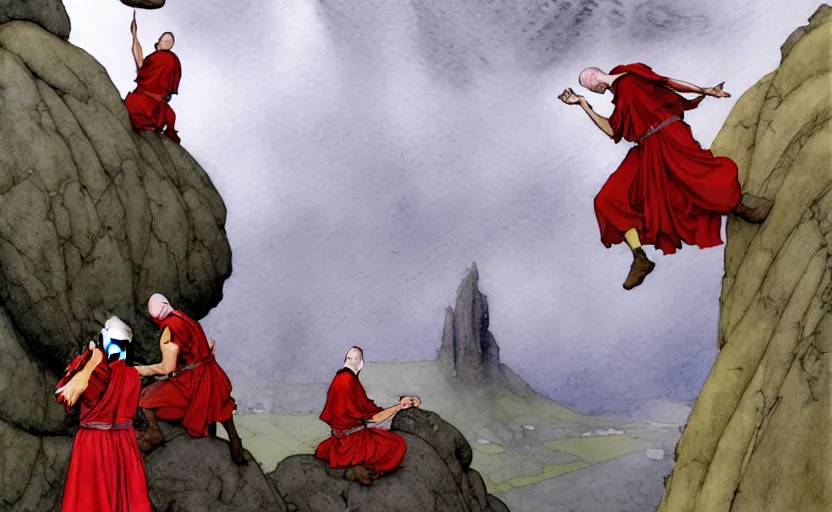 Image similar to a hyperrealist watercolour concept art of a group of grey monks levitating a huge rock in the air over their head. it is a misty night on the moors of ireland. by rebecca guay, michael kaluta, charles vess and jean moebius giraud. high detail, hq, wide shot