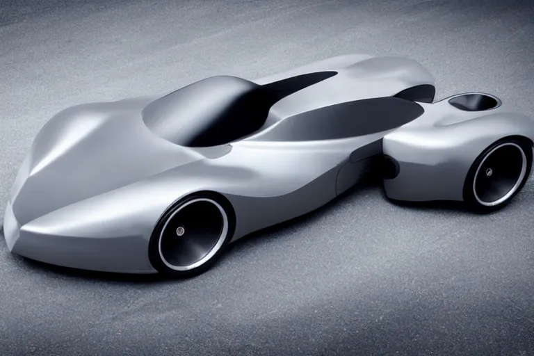 Image similar to A futuristic super-car made of a slick grey scaled metal, professional garage photograph.