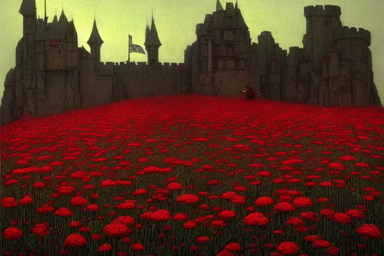 Image similar to only with red, red flowers of different types, a castle in the background, red orcs and trolls dance over the flowers, in the style of beksinski, part by hopper, part by rodcenko, part by hofbauer, intricate composition, red by caravaggio, insanely quality, highly detailed, masterpiece, red light, artstation, 8 k