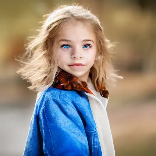 Image similar to a little portuguese girl with white - fair!!!!! skin, dirty blonde hair and blue eyes, wearing a disney land coat and blue jeans, 4 k, 8 k, photorealistic facial features